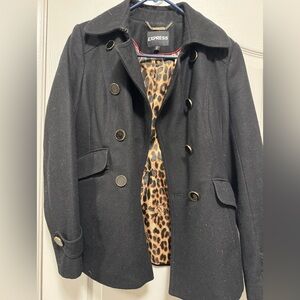 Express Black Peacoat with Leopard Lining